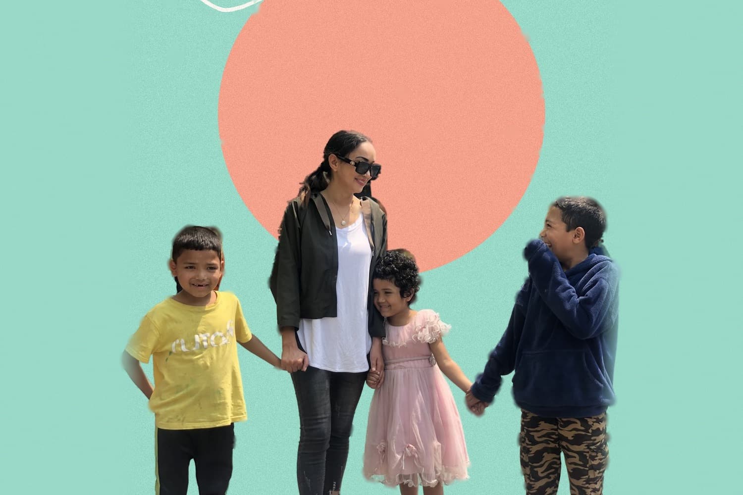Pooja walking hand in hand with three children