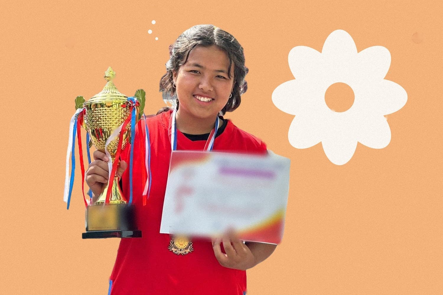 Purnima holding a basketball trophy and certificate