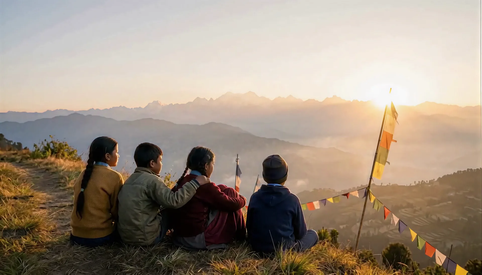 The four children on the ridge as the sun rises over the Himalaya in front of them