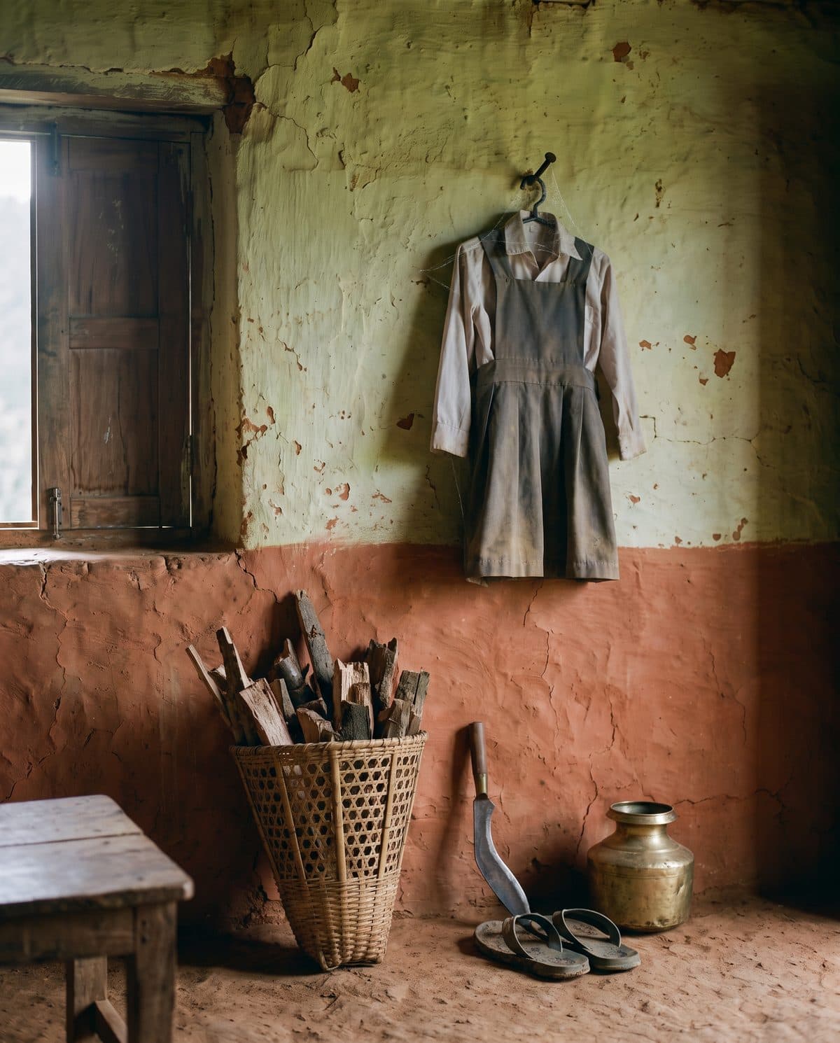 The uniform outgrown and dusty on the nail, a basket of firewood and a water pot beneath it
