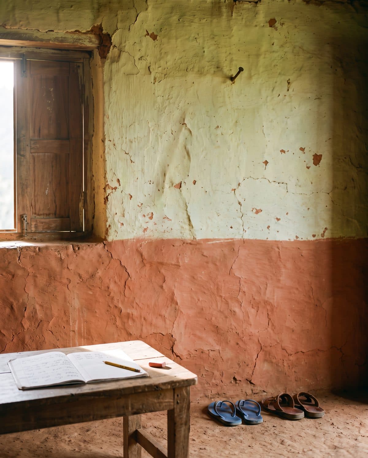 The same corner: the nail empty, an exercise book open on the table, a woman’s sandals beside the child’s