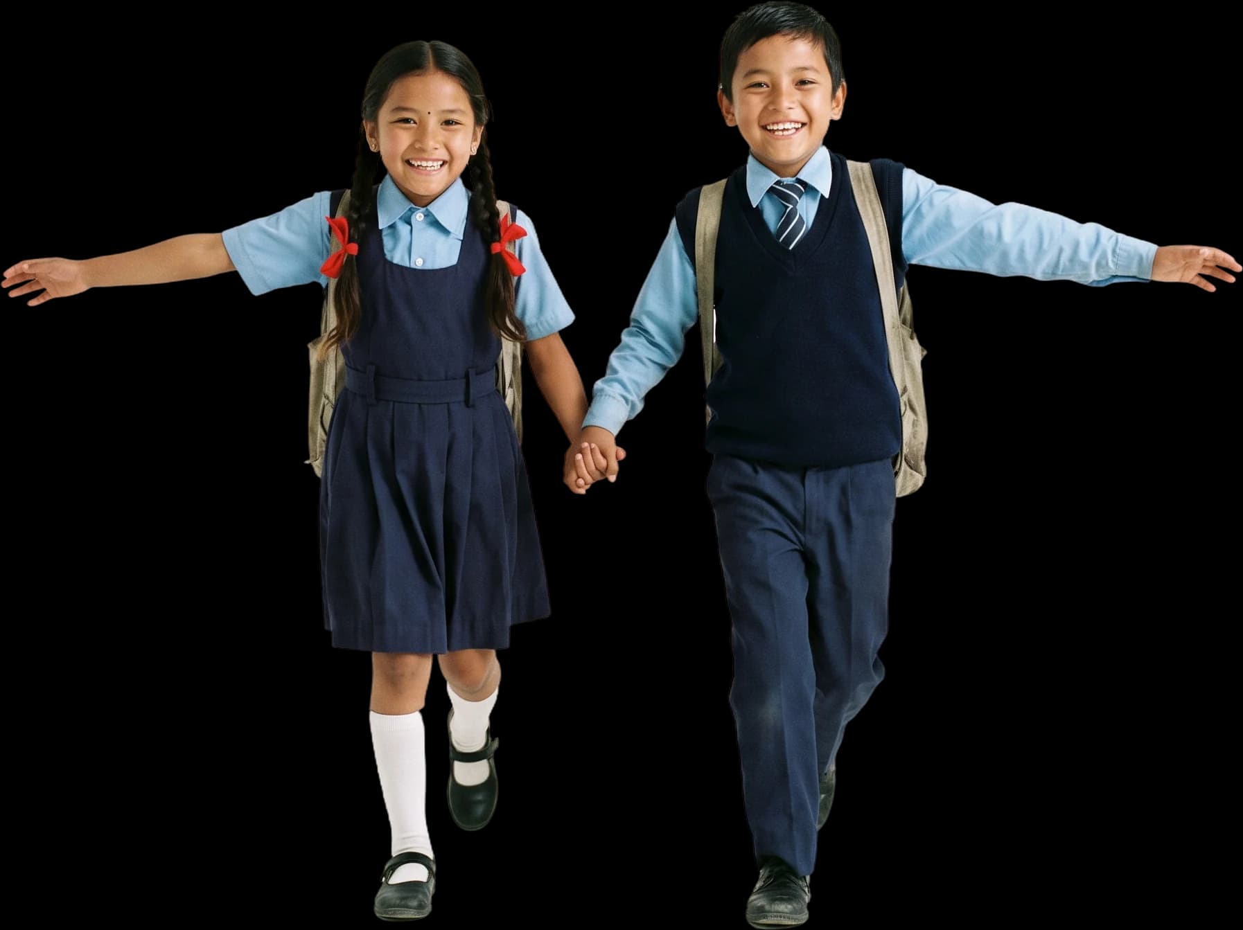 A Nepali schoolgirl and schoolboy in uniform running hand in hand, their arms spread wide like wings