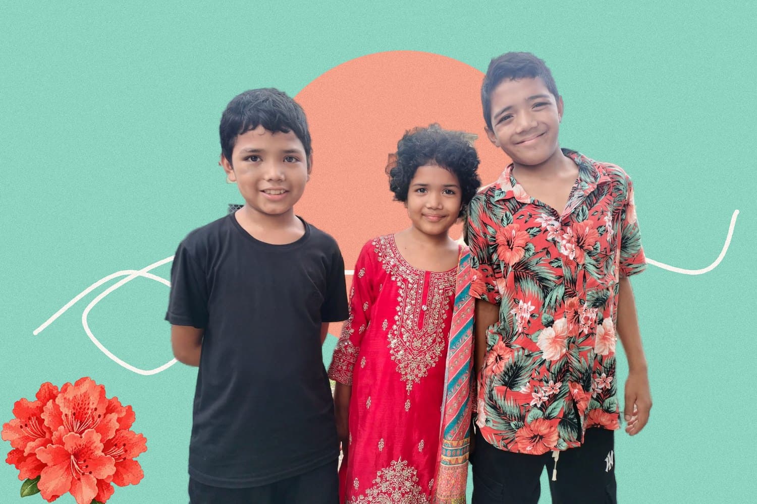 Portrait of Karan, Karishma and Khumba, cut out against a flat colour field