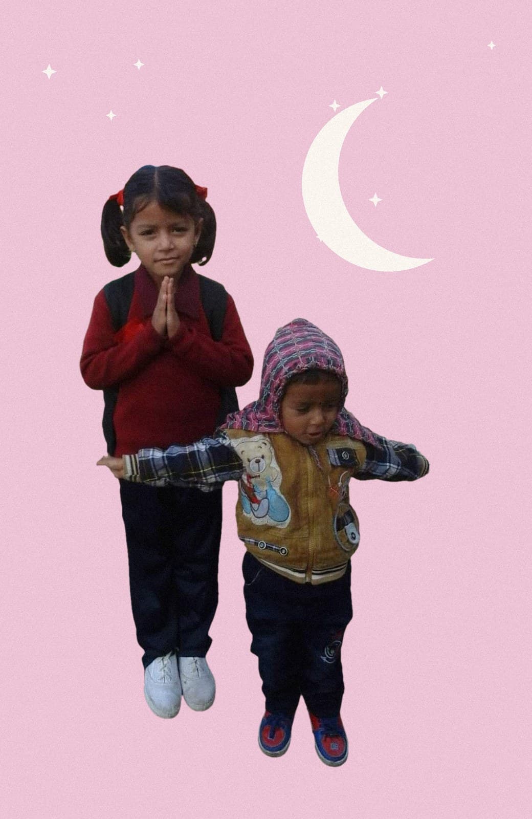 Neharika as a small child, hands together, with her younger brother