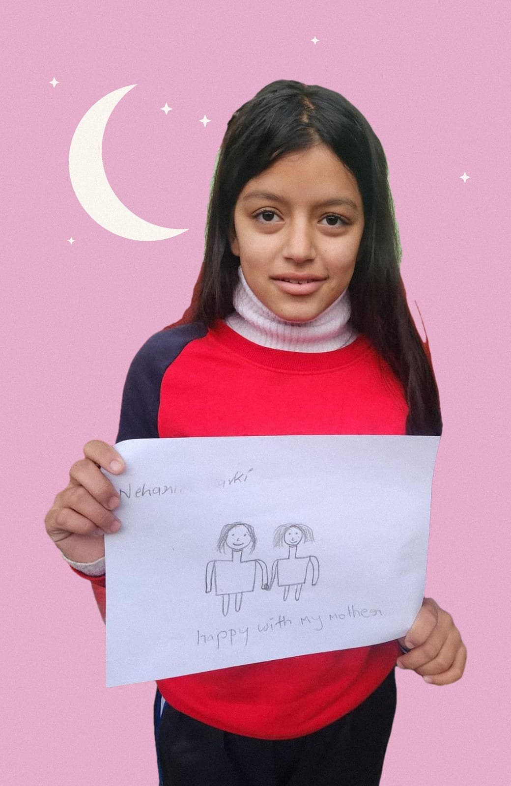 Neharika holding her drawing of herself and her mother, captioned happy with my mother